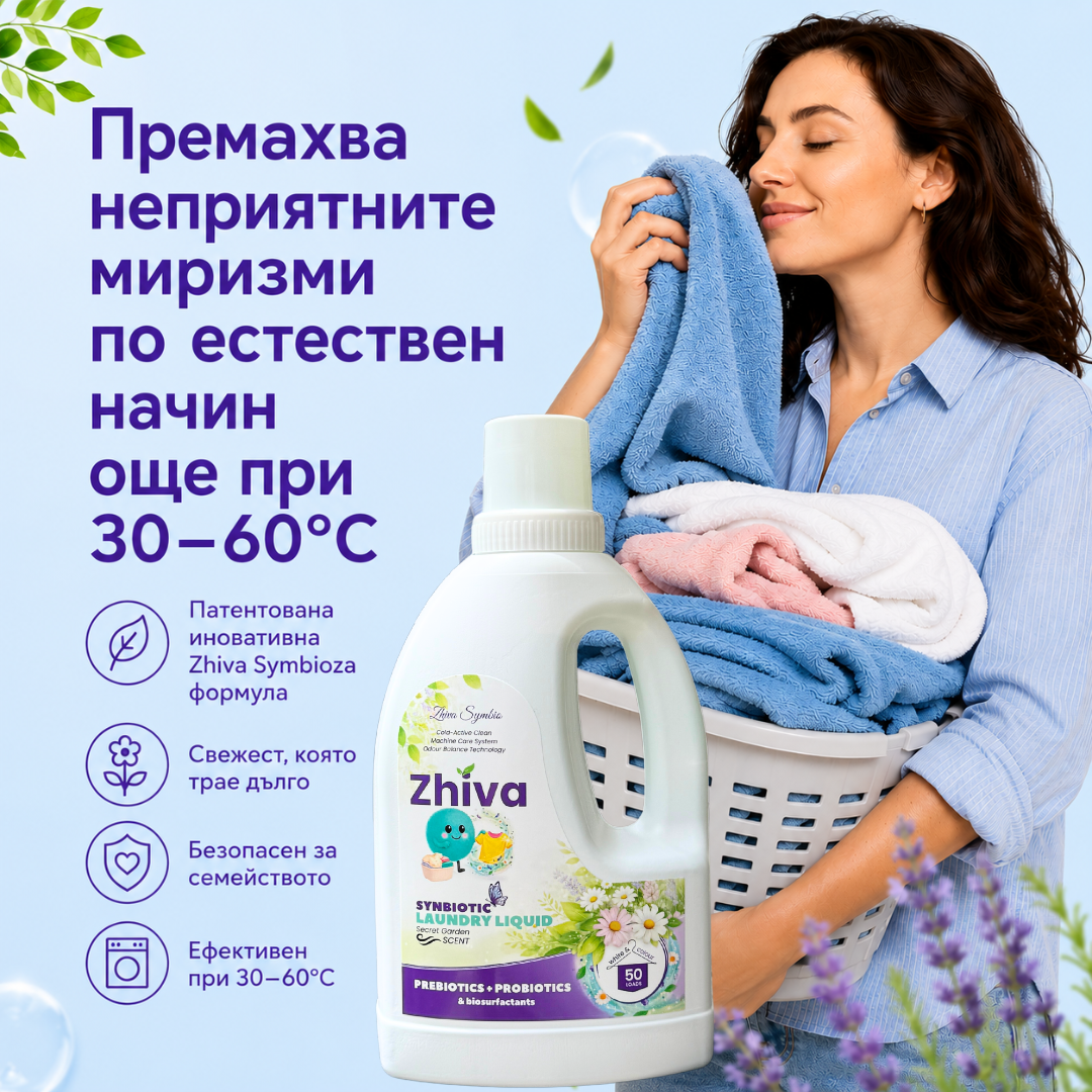 Синбиотичен ПЕРИЛЕН ПРЕПАРАТ с пробиотици - срещу замърсявания, петна и миризми 1,5 L / 50 пранета