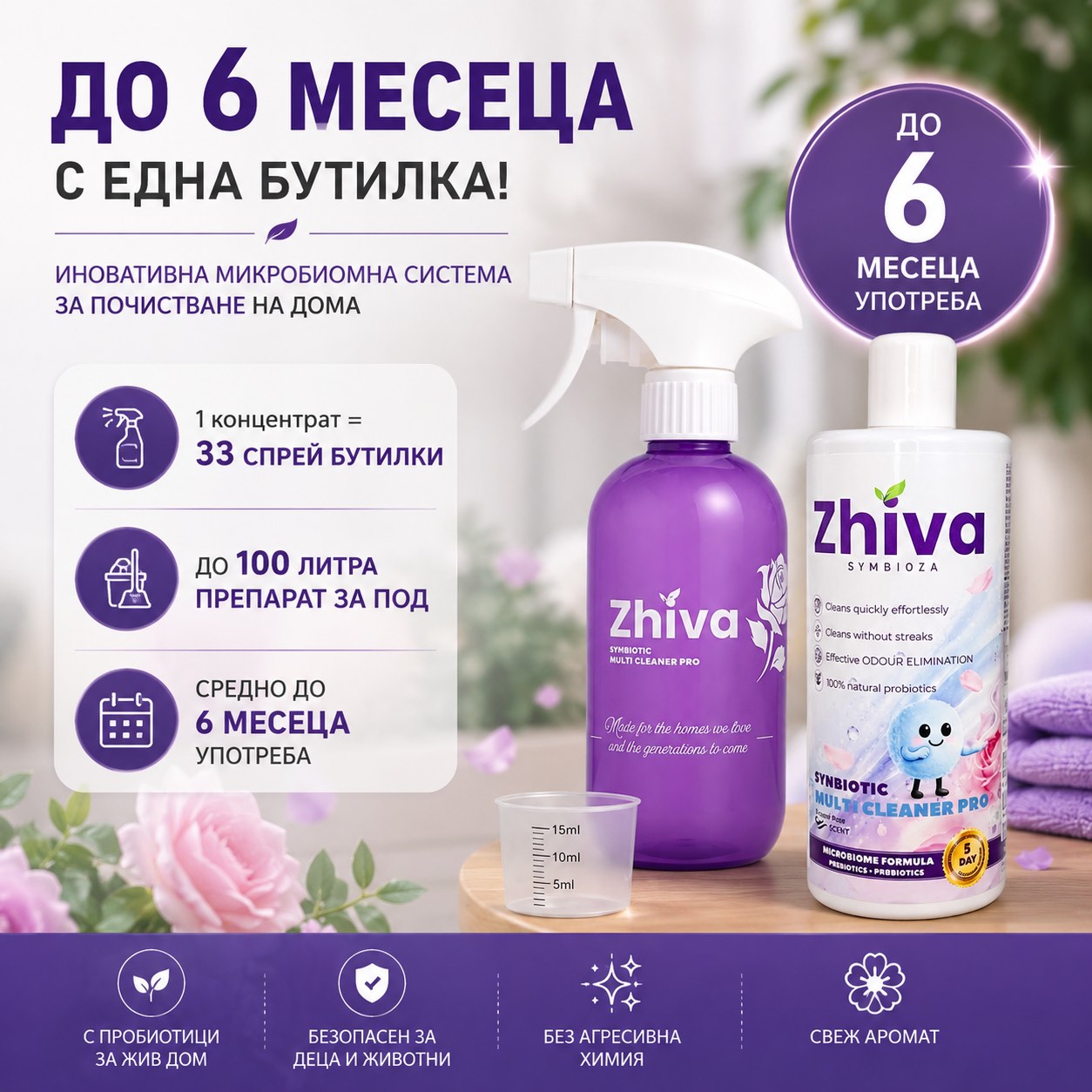 Синбиотична Микробиомна Система за Почистване с пробиотици за Повърхности, Под, Прозорци, Канали, Баня, Тоалетна и Тапицерии 500мл. Концентрат